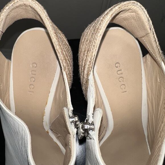 Authentic GUCCI Cream Leather Raffia Jute Wedge Heel Slingback Sandals EU 37.5 - Picture 7 of 11